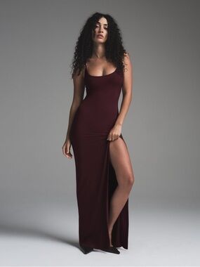 SKIMS Soft Lounge Cami Plunge High Slit Dress in Bordeaux